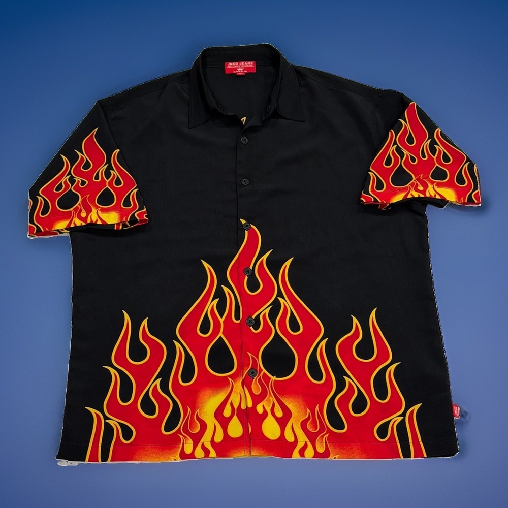 Vintage JNCO Shirt Mens XL Black Red Flames Button Up Skate Retro Fire Y2K